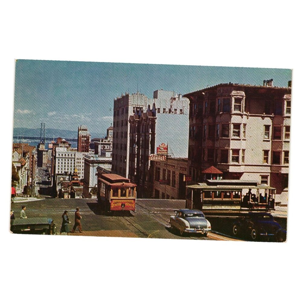 San Francisco Cable Cars California Street Bay Bridge Scenic Postcard Vintage